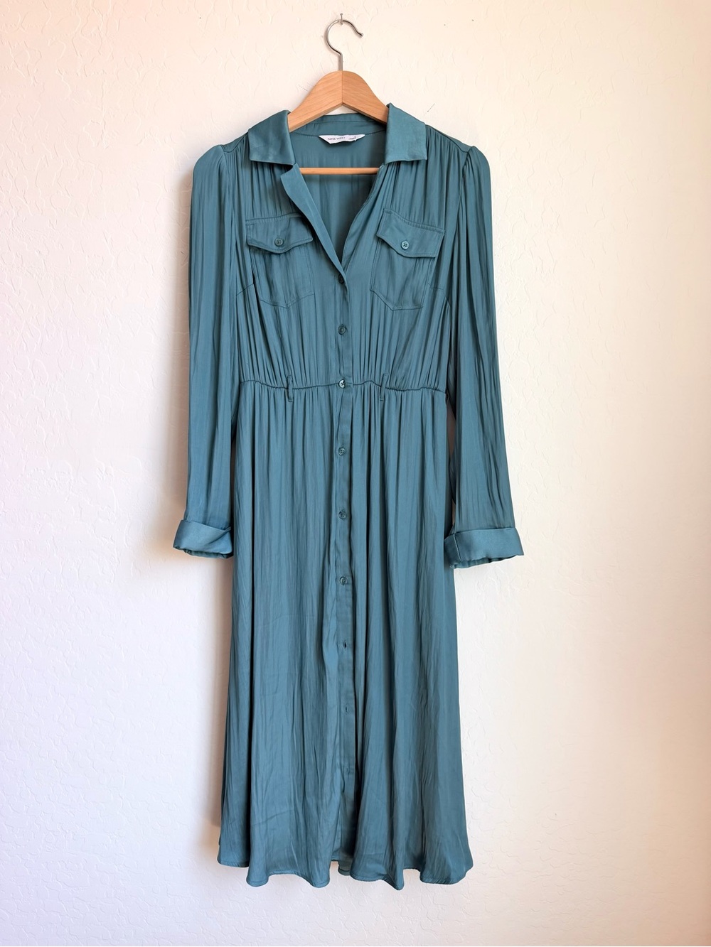 Nine West Teal Long Sleeve Button-Front Midi Dress